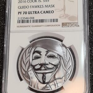 Cook Islands 5 Dollars 2016 Silver 1 OZ Coin Guy Fawkes Mask,Black Proof GRADED PF 70 Ultra Cameo