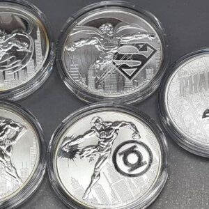 Alternative view of DC Comics Justice League 6 plus a Phantom?  1oz Silver Coin Set Batman Superman Flash Perth Mint