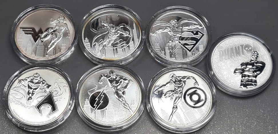 DC Comics Justice League 6 plus a Phantom? 1oz Silver Coin Set Batman Superman Flash Perth Mint