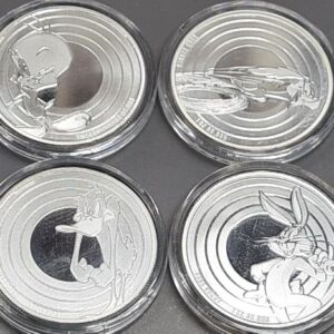 Looney Tunes BU Non Coloured Bugs Bunny, Daffy Duck, Tweetie Bird & Road Runner 1oz silver coins