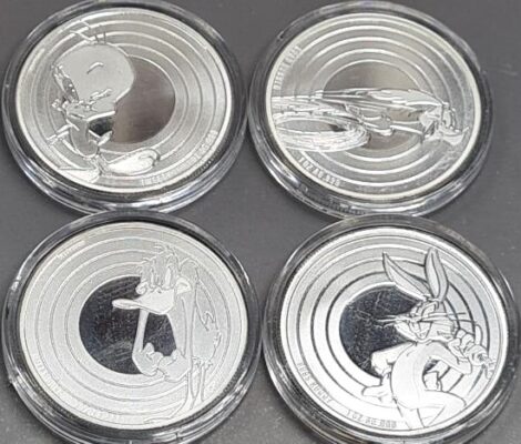 Looney Tunes BU Non Coloured Bugs Bunny, Daffy Duck, Tweetie Bird & Road Runner 1oz silver coins