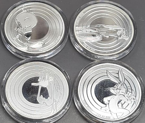 Looney Tunes BU Non Coloured Bugs Bunny, Daffy Duck, Tweetie Bird & Road Runner 1oz silver coins