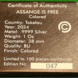 Alternative view of Assange is Free Wikileaks Terra 1 Oz Silver Coin 047/100 limited