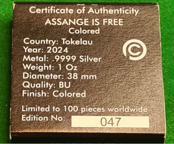 Assange is Free Wikileaks Terra 1 Oz Silver Coin 047/100 limited - Image 2