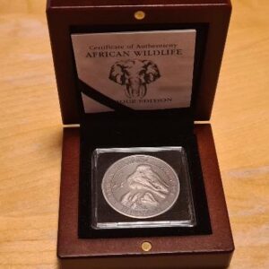 2015 Somalia African Wildlife Elephant 1 oz Silver Antique Coin (In Wooden Box)