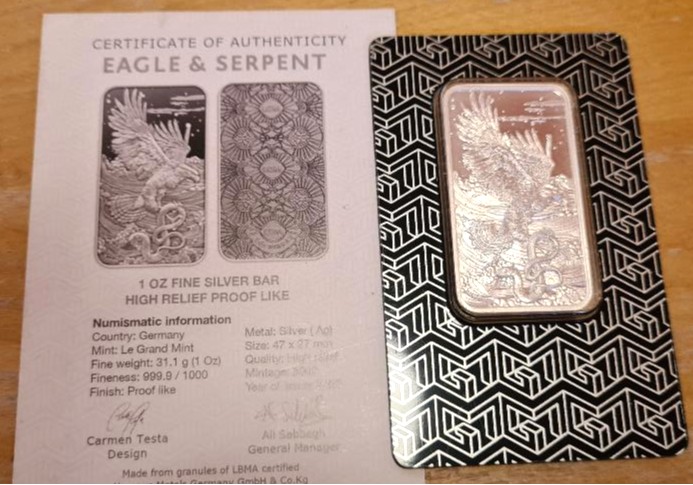 Le Grand Mint 2025 Eagle and Serpent 1oz Silver Bar Proof-Like Carded (Mintage 5,000) - Image 2