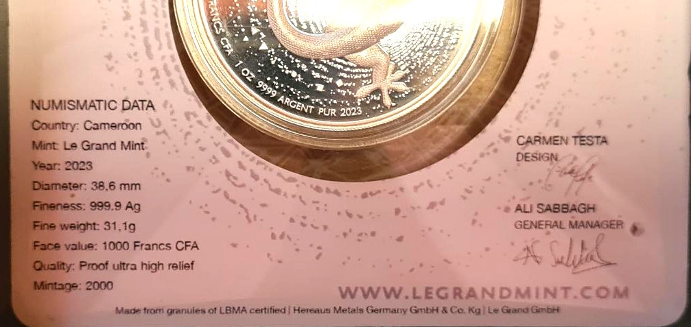 2023 Cameroon Herpeton Gecko 1oz Silver Proof Ultra High Relief Coin - Image 8