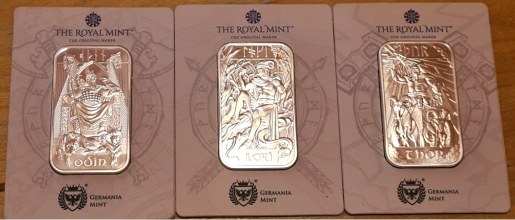 Norse Gods 1oz Silver Bullion Bar 3-Coin Set Loki Thor Odin Royal Mint x Germania Mint Carded - Image 2